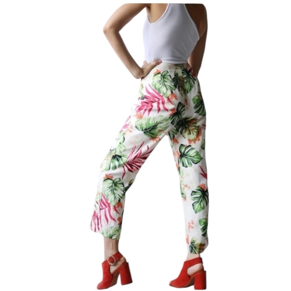 TALBOTS Silk Tropical Palm Leaf Print Pants in White / Pink Size 8 -- GORGEOUS!!